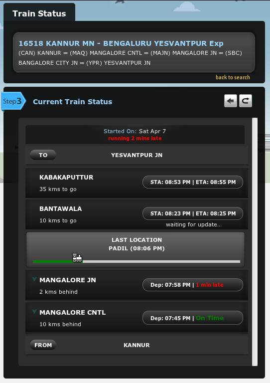 Current Status of Mangalore Yeshvantpur Express via Bangalore